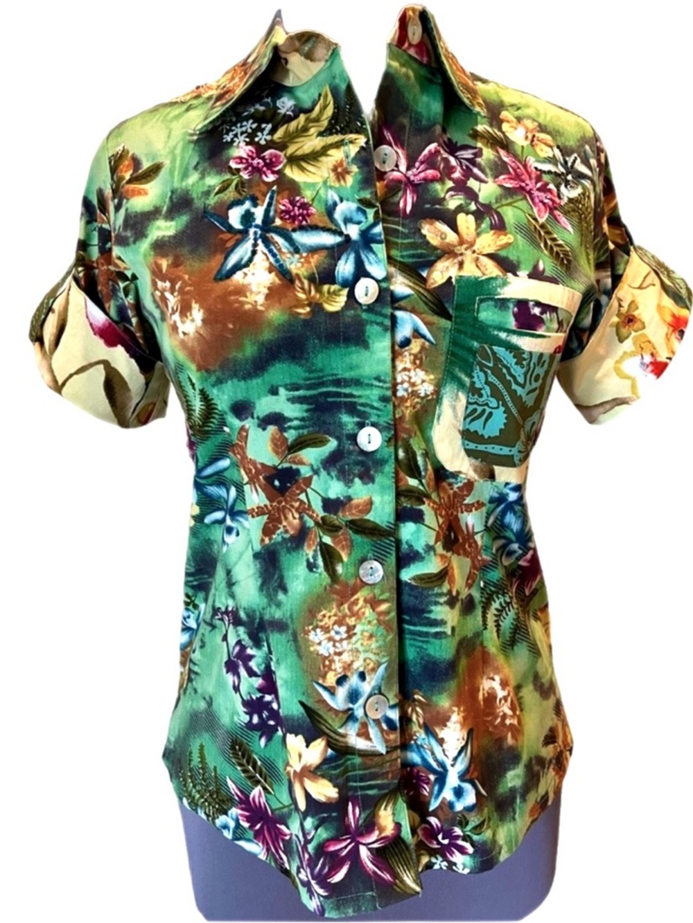 Rare! ‘Haven Bleu’ Button Down Tailored Tropical Shirt -Tag S